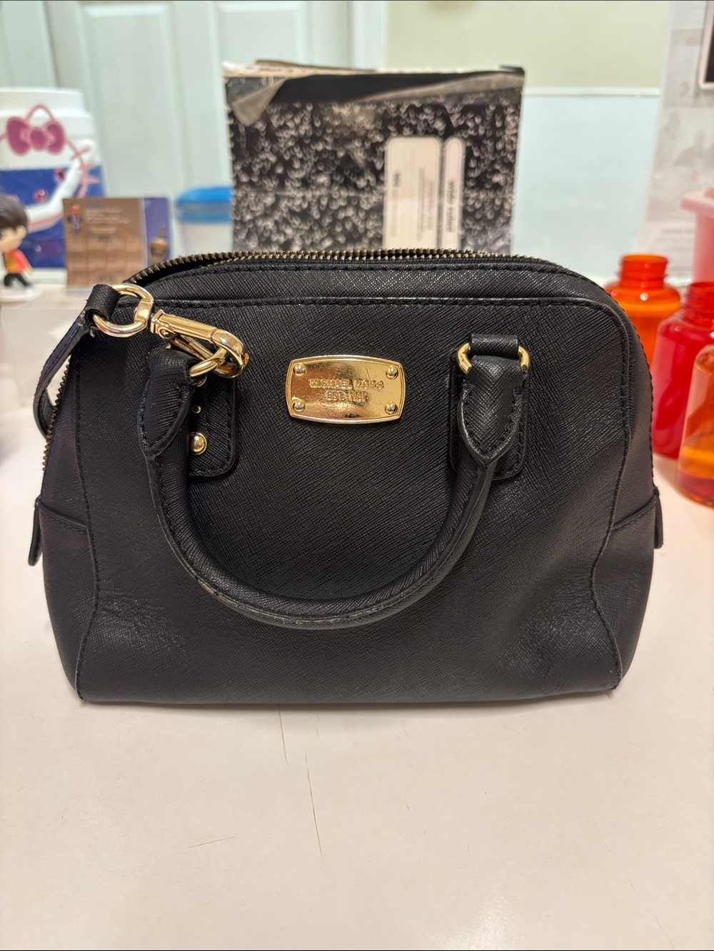 Michael Kors Black Leather Mini Dome Satchel with Gold Hardware*
